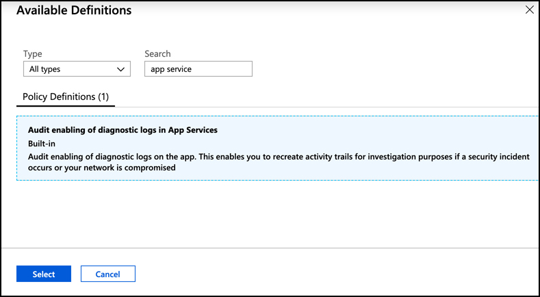 In this screen shot, a built-in policy definition included with Azure Policy is being added to a policy assignment.