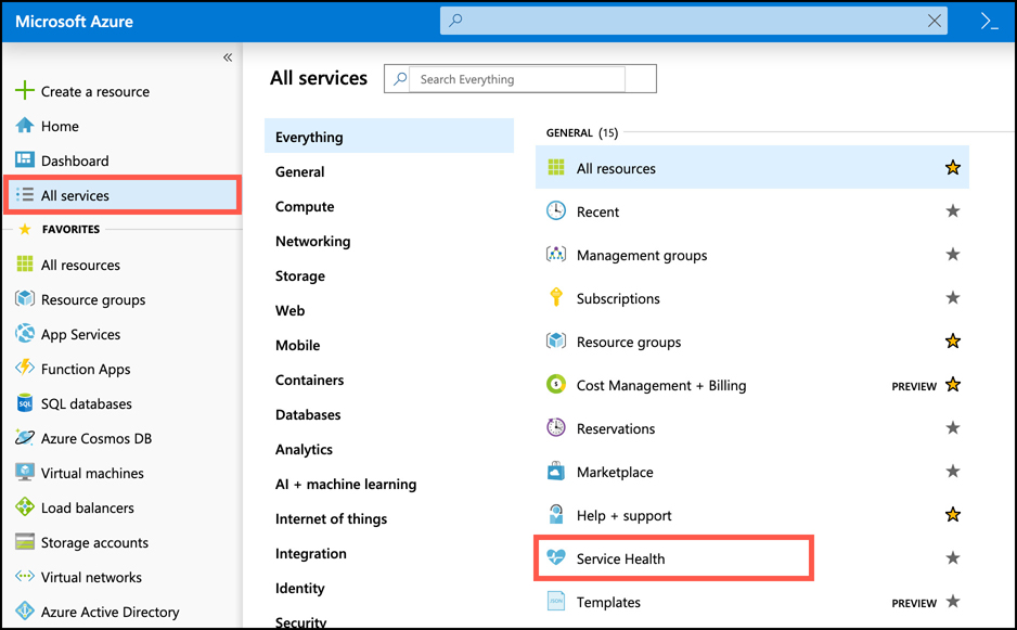 In this screen shot, Service Health is shown in the list of all Azure services.