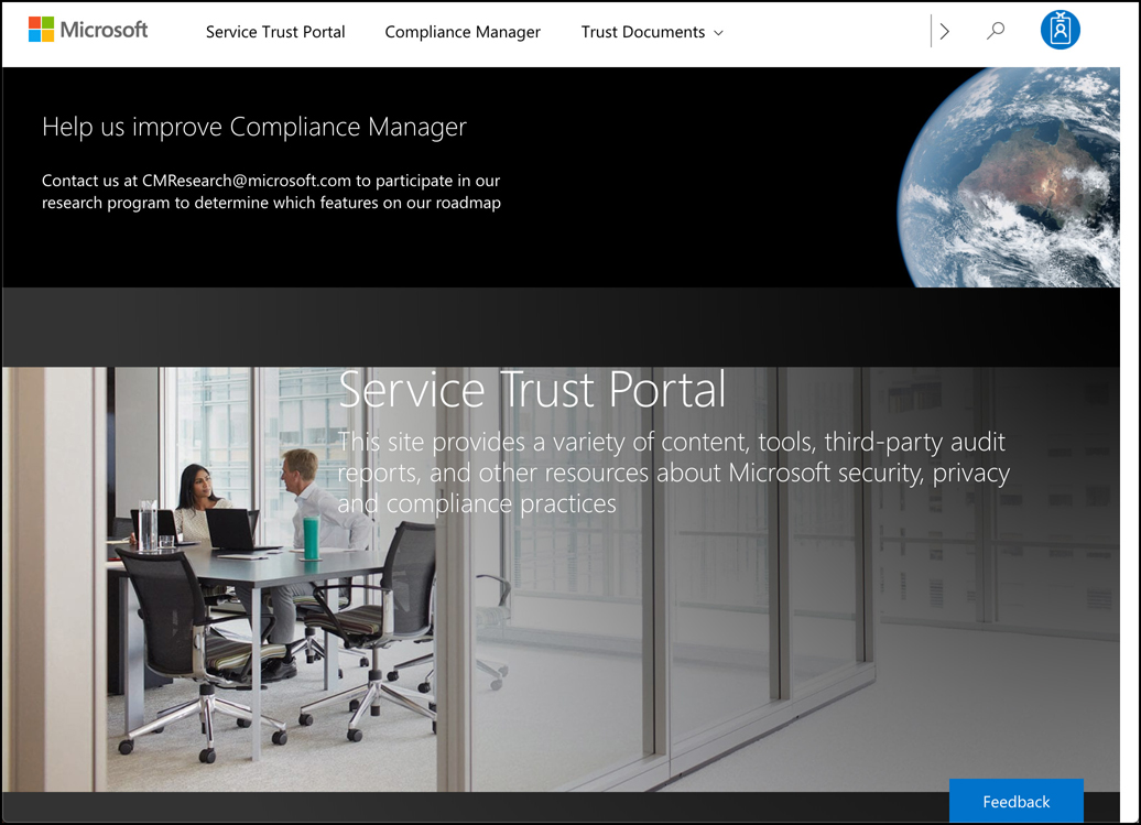 In this screen shot, the Service Trust Portal is shown in a web browser. The Service Trust Portal provides all of the details you’ll need on privacy and compliance, and it’s the launching point for compliance tools to help you assess and manage your own compliance.