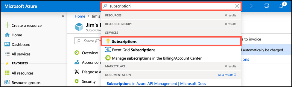 In this screen shot, we are searching for Azure subscriptions to  view  subscriptions in the portal. This is how you can create new subscriptions in your Azure account.