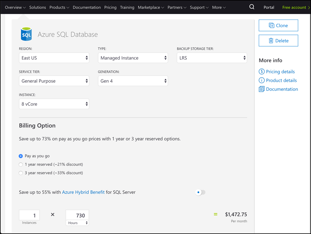 In this screen shot, the pricing options for Azure SQL Database are shown. To get an accurate pricing estimate, configure pricing options for each added product.