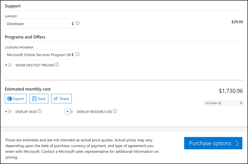 In this screen shot, an estimate is being completed in the pricing calculator. You can choose a support option and your licensing program, and then export, save, or share your estimate.