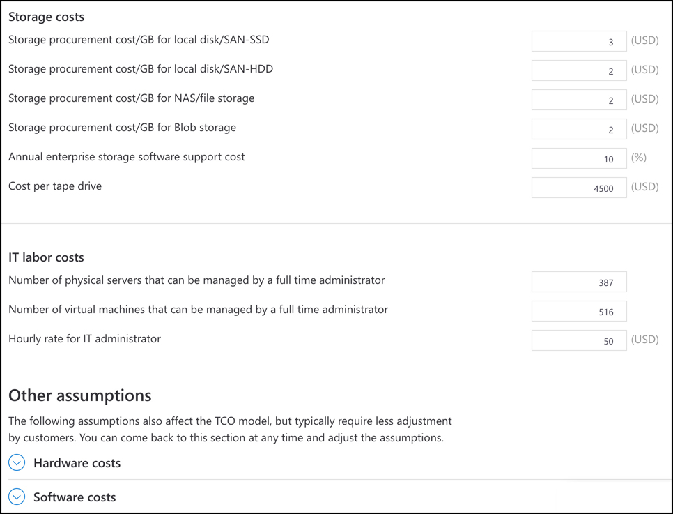 In this screen shot, assumptions made by the TCO calculator are being adjusted. You can use this screen to ensure that your on-premises costs are accurate for all aspects of your application.