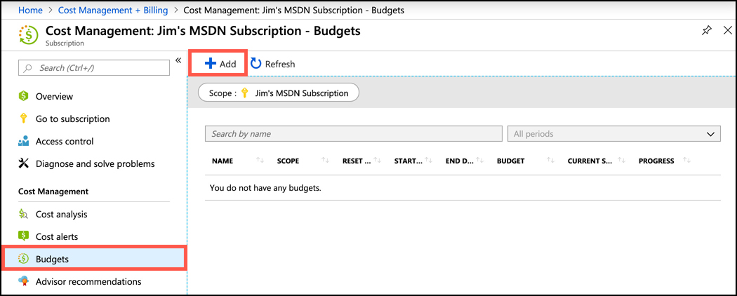 In this screen shot, Cost Management is shown in the Azure portal. To create a budget, you can click on Budgets and then click Add. A budget will help you monitor your actual expenses compared with your planned expenses.
