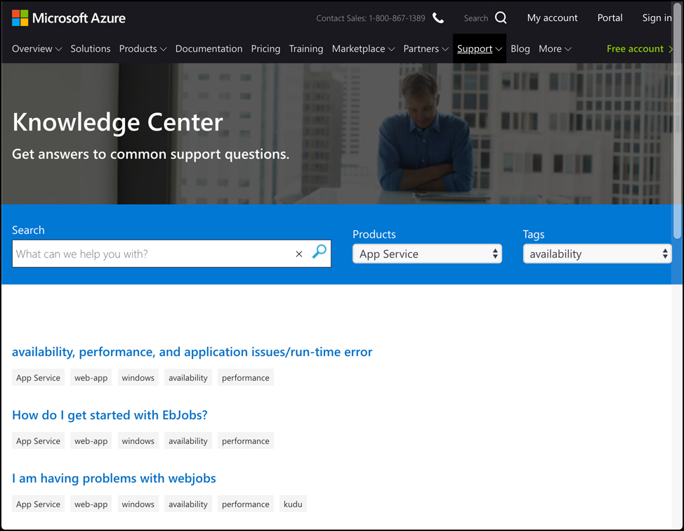 In this screen shot, Knowledge Center is shown in a browser. Knowledge Center can help you locate Microsoft documentation, and blog posts that can help you solve common issues.