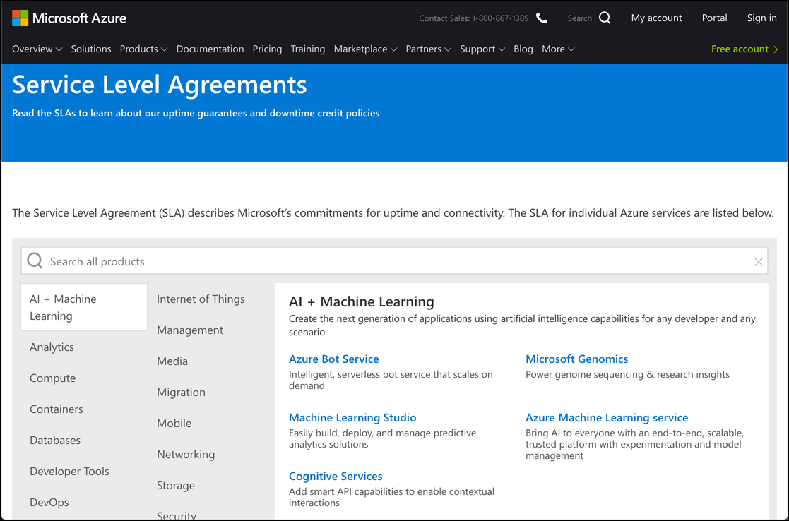 In this screen shot, the Azure SLA web page is shown. From here, you can select any Azure service to read details on the SLA offered by that service.