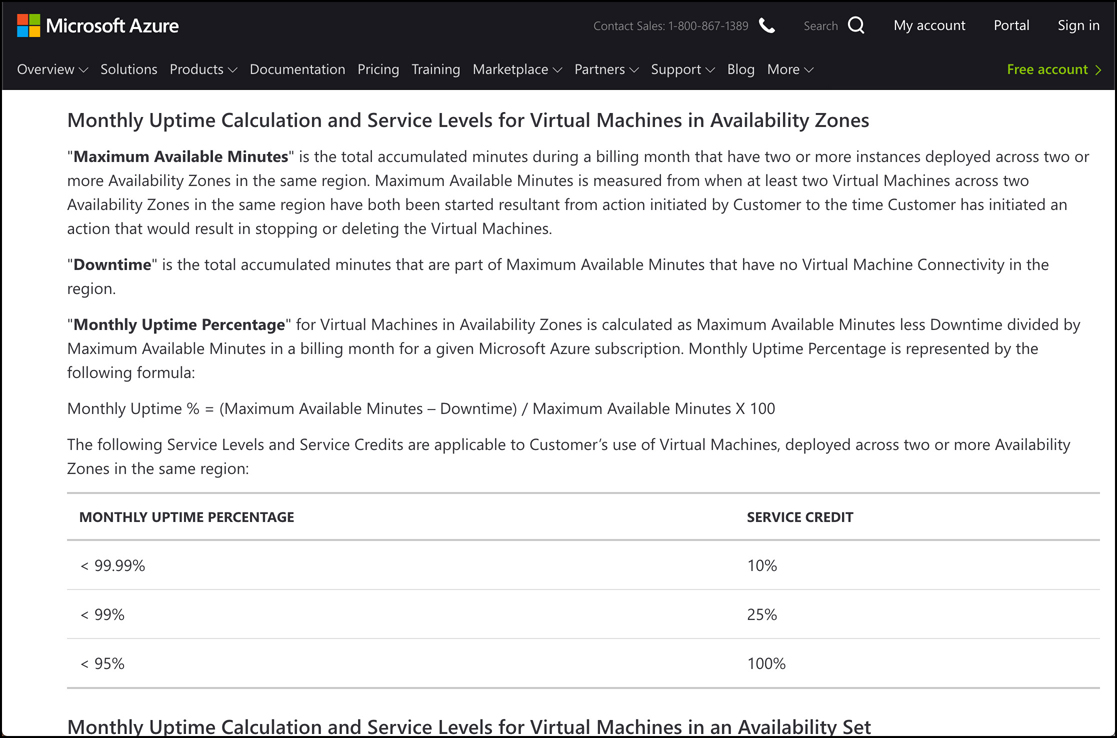 In this screen shot, details on the SLA for Azure VMs is shown. Information on how to calculate downtime is shown, in addition to the service credit you may receive if an SLA isn’t met.
