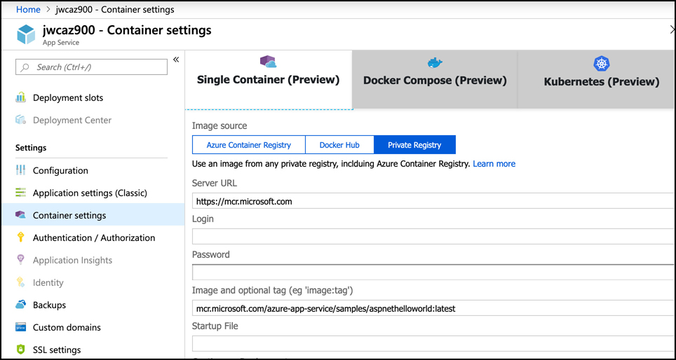 In this screen shot, a preview feature is shown in Azure App Service. Each tab in the Docker container configuration displays the preview badge indicating it’s in preview.