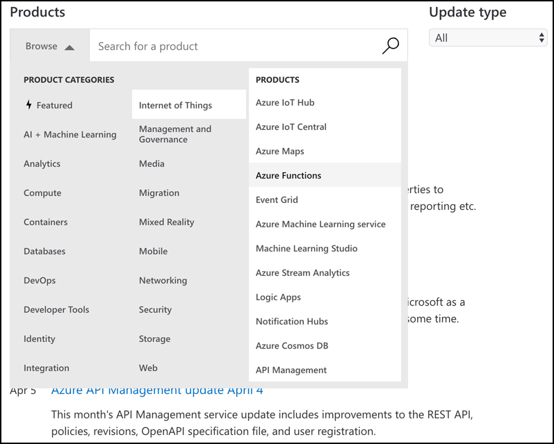 In this screen shot, the Azure Updates web page is shown. By default, all updates are displayed, but you can filter on products and by update type.
