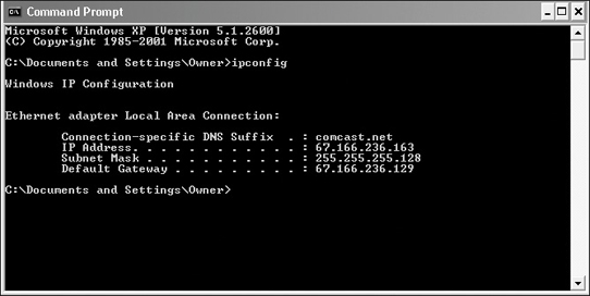 A command prompt window displays the result of the ipconfig command. The DNS suffix, ip address, subnet mask, and default gateway numbers of the local area connection are displayed.