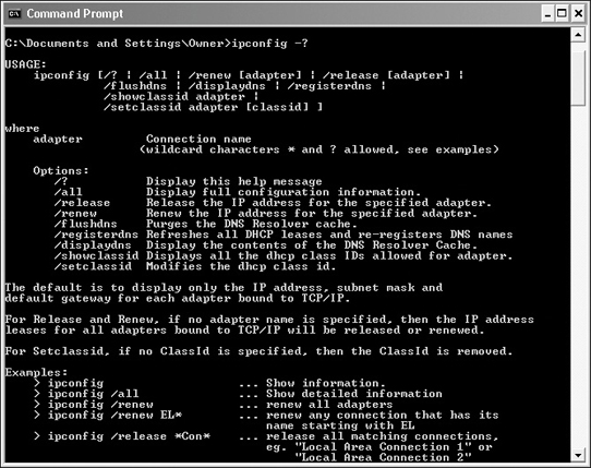 A command prompt window displays the results of ipconfig help.