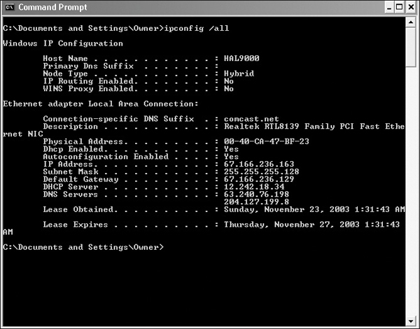 A command prompt window shows the options of ipconfig/all command.