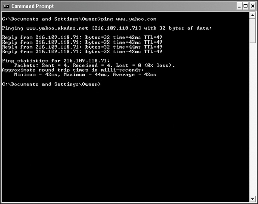 Several options of the command ping are shown in a command prompt window. The results of ping www.yahoo.com include number of bytes of data; the number of packets sent, received, and lost; approximate number of round trip times.