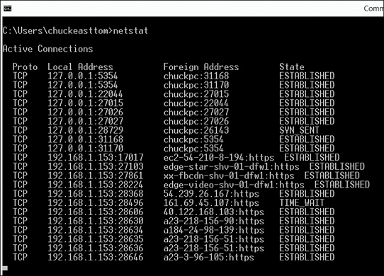 Several options of the command netstat are shown in a command prompt window. This command displays the details like protocol, local address, foreign address, and state of all the active connections of the computer. This also includes some private ip addresses.