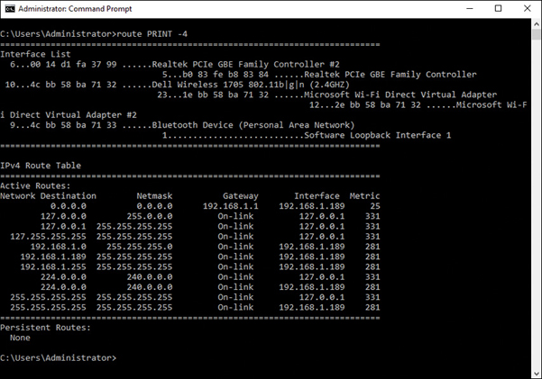 A command prompt window displays the usage of the route command. This command is used to view the output of an IP routing table like network destination, netmask, gateway, interface, and metric.