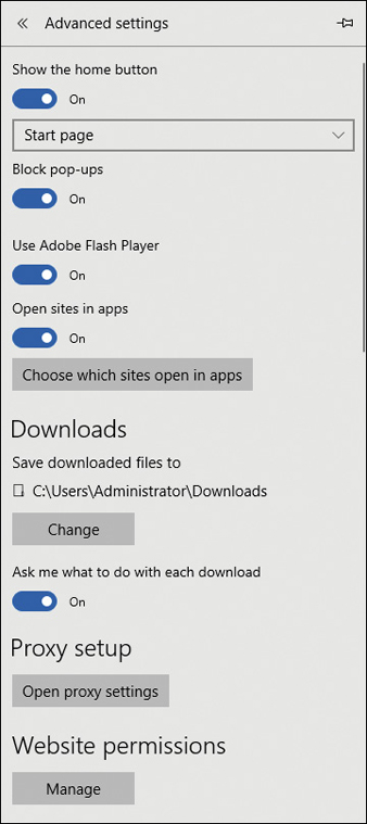 A screenshot displays Microsoft edge advanced settings.