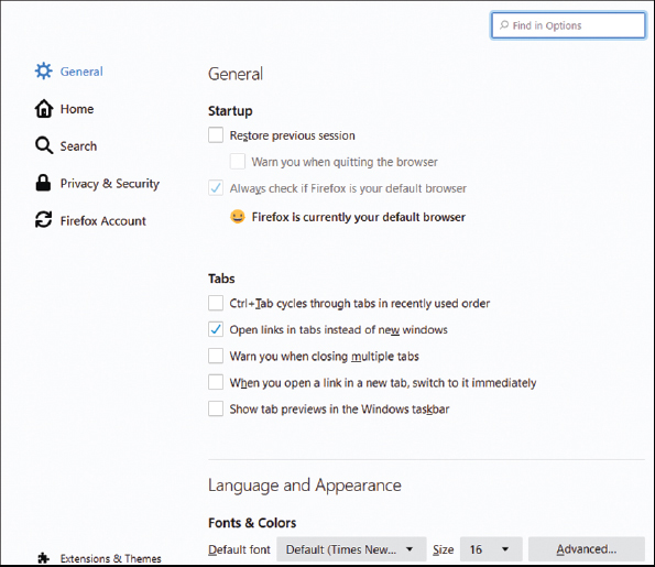A screenshot shows the various Firefox options.