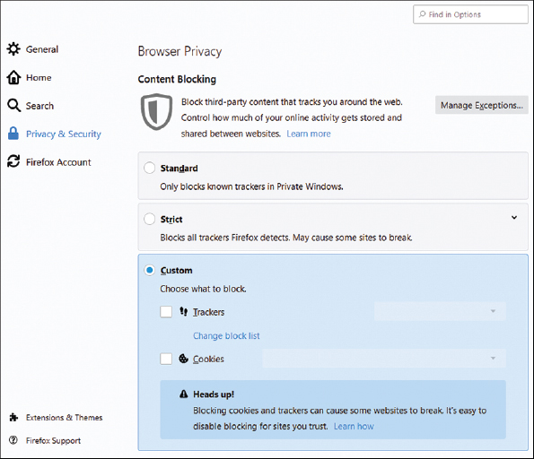 A screenshot displays Firefox privacy options.