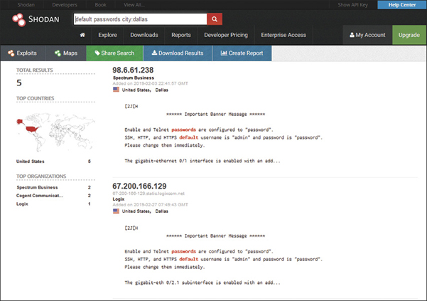 A screenshot for Shodan search result is shown.