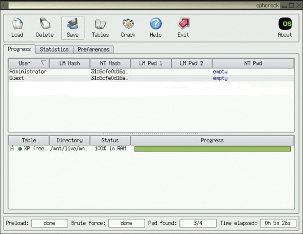A screenshot displays Ophcrack.