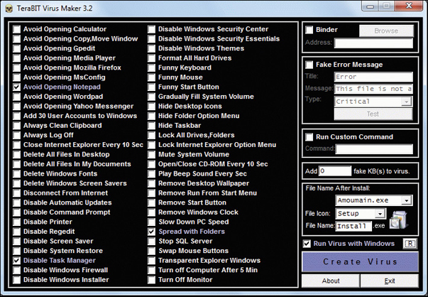 A screenshot displays TeraBIT virus maker.