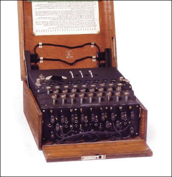 Photograph of an Enigma machine.