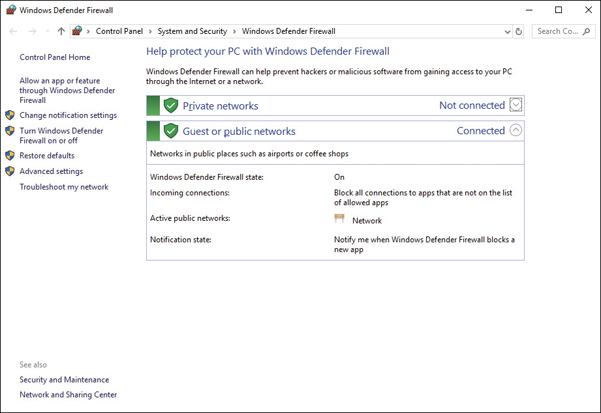 The windows defender firewall is shown.