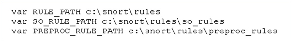 The syntax of Windows-style paths reads as follows, var RULE_PATH c:snort
ules; var SO_RULE_PATH c:snort
ulesso_rules; var PREPROC RULE PATH c:snort
ulespreprocrules.