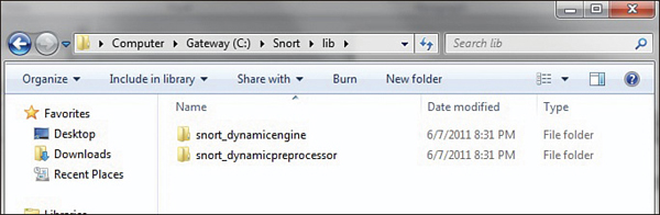 A screenshot shows the location of two folders from the root directory of gateway C. Two folders, snort_dynamicengine and snort_dynamicpreprocessor are located under the snort library.