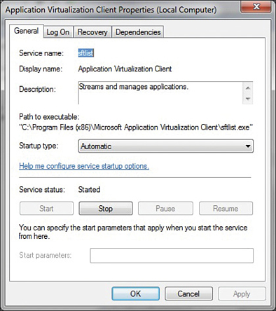 The General tab of the application virtualization client properties (local computer) is depicted. The following details such as service name, display name, description, the path to executable, startup type, and service type appears in the tab. To restore the changes, the ok button is clicked.