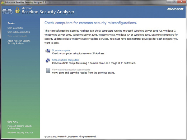 The Microsoft baseline security analyzer 2.2 window is shown. The left pane lists all the tasks. The right pane checks the computer for common security misconfigurations and includes the following options: scan a computer, scan multiple computers, and view existing security scan reports.