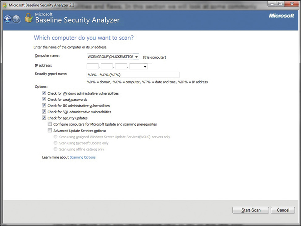 The window of Microsoft baseline security analyzer 2.2 is depicted.