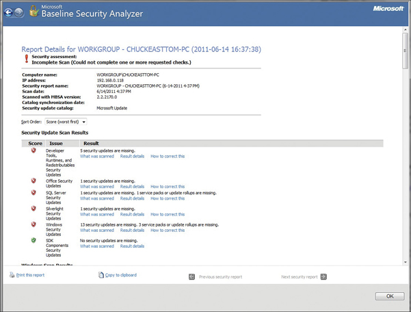 The Microsoft baseline security analyzer 2.2 window depicts the report details of workgroup-chuckeasttom-PC (2011-06-14 16:37:38). The warning message displays that incomplete scan (could not complete one or more requested checks). Also, the security update scan results are depicted. It lists the score, issue, and result.