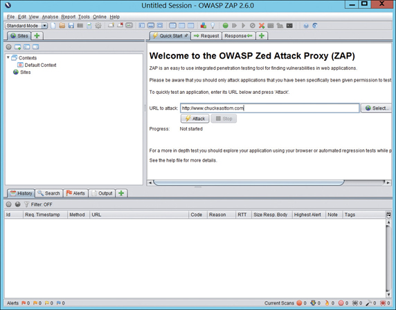 A screenshot depicts the main screen of the Open Web Application Security Project (OWASP). In the content pane, a textbox for entering the URL to attack is present.