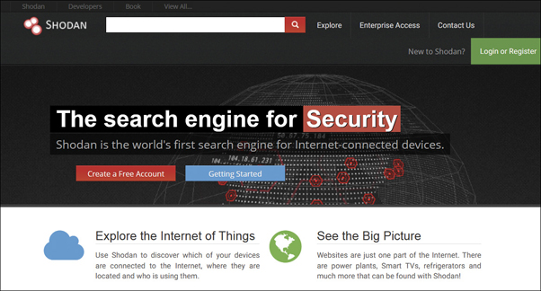A screenshot depicts the homepage of Shodan tool.
