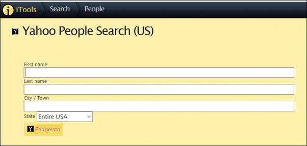 A screenshot depicts the "Yahoo People Search" option of Yahoo. It contains 3 text fields: First name, Last name, and City or town along with a drop-down for selecting the state.