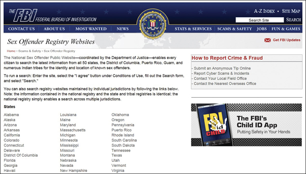 A screenshot depicts the homepage of "The Federal Bureau of Investigation" website, displaying a list of sex offender registry websites.