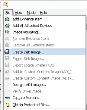 A screenshot depicts the options available under the File tab of the Access Data FTK Imager application wherein the "Create disk image" option is selected.