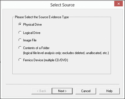 A screenshot depicts the select source dialog box of the FTK Imager application. It displays the options as radio buttons. The options displayed are physical drive, logical drive, Image file, Contents of a folder, and Fernico Device.