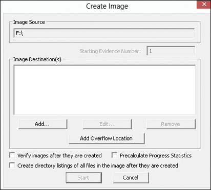 A screenshot depicts the create image dialog box of the FTK Imager application.