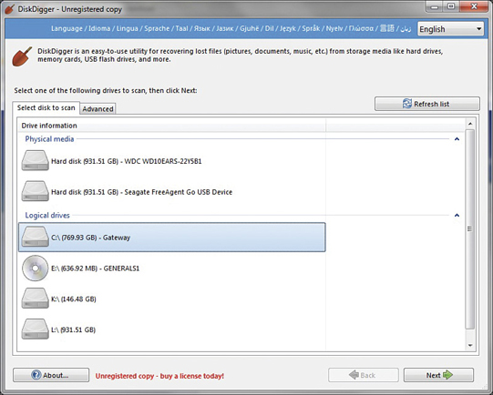 A screenshot displays the list of drives available to scan under the "select disk to scan" tab of the DiskDigger tool.