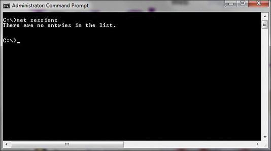 A screenshot of the command prompt shows the result as "There are no entries in the list" for the entered command "Net sessions."