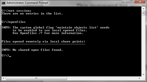 A screenshot of the command prompt shows the result as "No shared open files found" for the entered command "openfiles."
