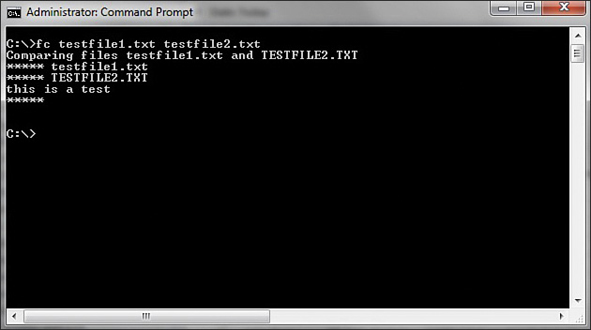 A screenshot of the command prompt shows the result as "This is a test" for a command entered to test two files. The command entered is "fc testfile1.txt testfile.txt."