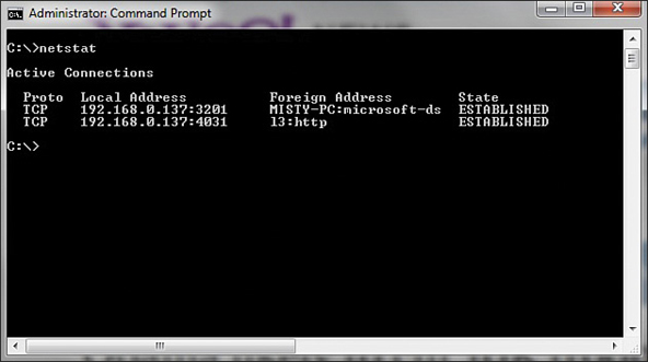 A screenshot of the command prompt shows the various active connections. It lists the details of protocol along with their corresponding local address, foreign address, and state.