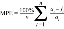 MPE equals 100 percent over n times sigma upper limit equals n lower limit t equals 1 of a subscript t minus f subscript t over a subscript t.