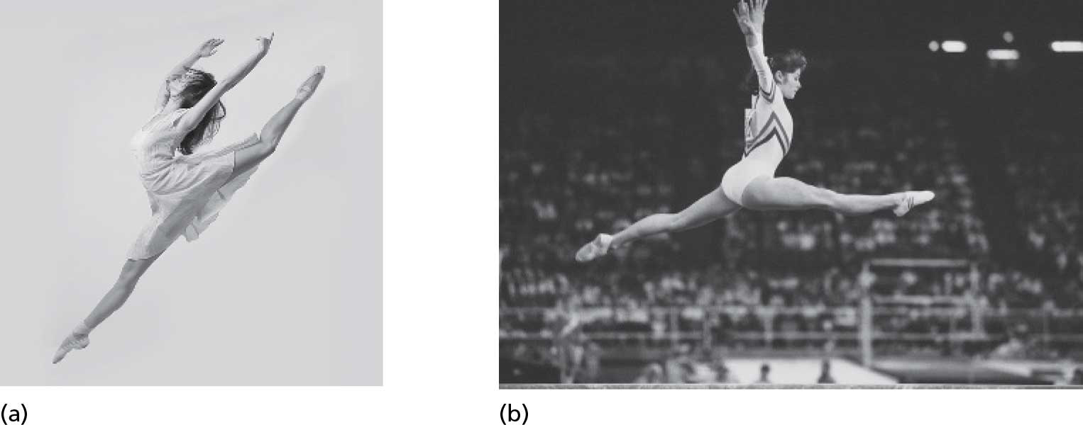 Two photographs depict people in motion. The left photo has a dancer, with pointing feet and arms, flies through the air. The right photo has a gymnast leap into the air with a scissor kick and out flung arms.