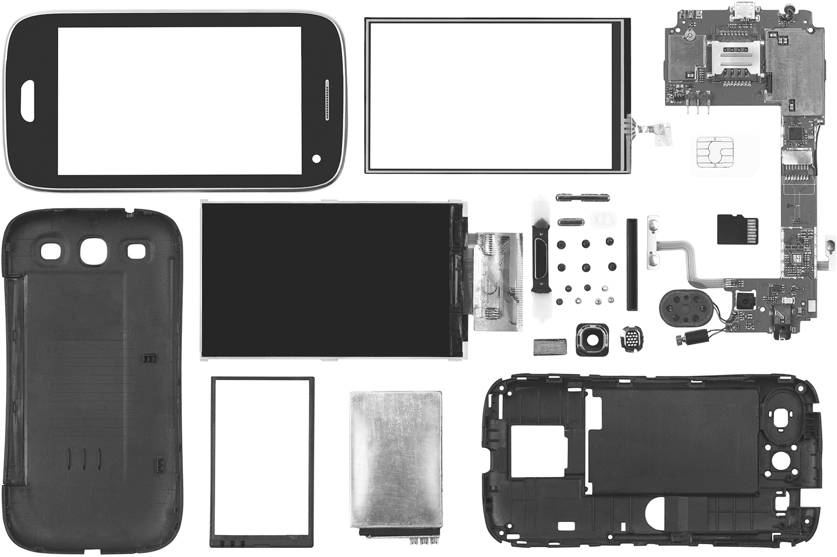 A smartphone is disassembled into its component pieces.