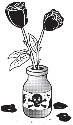 An illustration shows two black roses kept in a jar which got danger sign on it. 