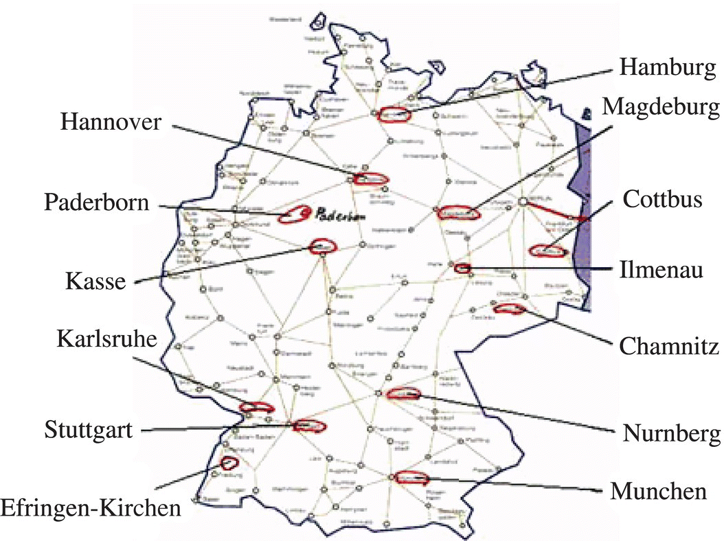 Map of Germany depicting the locations Professor Xiaoting Rui has given lectures, with lines pointing at Hannover, Paderborn, Kasse, Karlsruhe, Stuttgart, Hamburg, Magdeburg, Cottbus, Ilmenau, Chamnitz, etc.